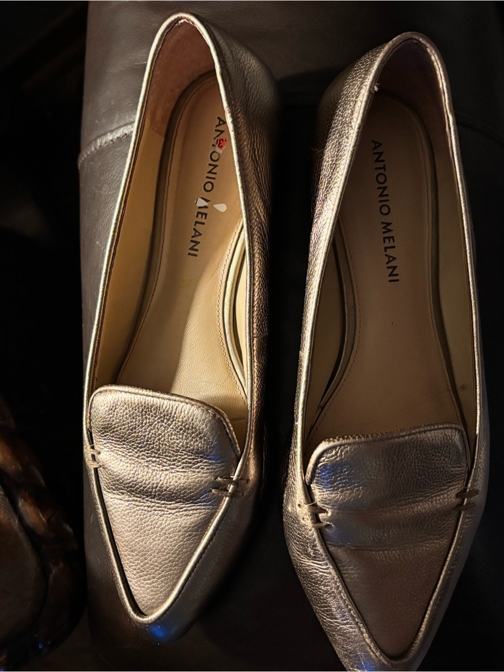 ANTONIO MELANI Metallic Pewter Pointed-Toe Loafers
